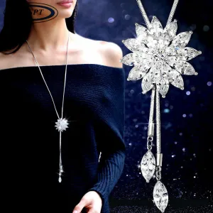 BYSPT Zircon Snowflake Long Necklace Sweater Chain Fashion Fine Metal Chain Crystal Rhinestone Flower Pendant Necklaces Adjusted