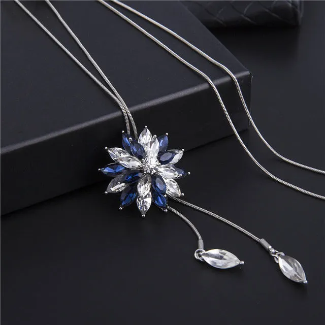 BYSPT Zircon Snowflake Long Necklace Sweater Chain Fashion Fine Metal Chain Crystal Rhinestone Flower Pendant Necklaces Adjusted