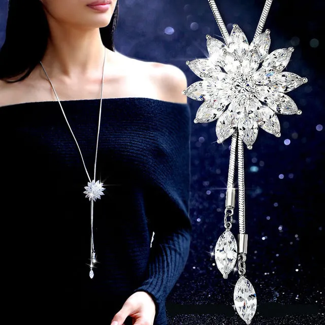 BYSPT Zircon Snowflake Long Necklace Sweater Chain Fashion Fine Metal Chain Crystal Rhinestone Flower Pendant Necklaces Adjusted