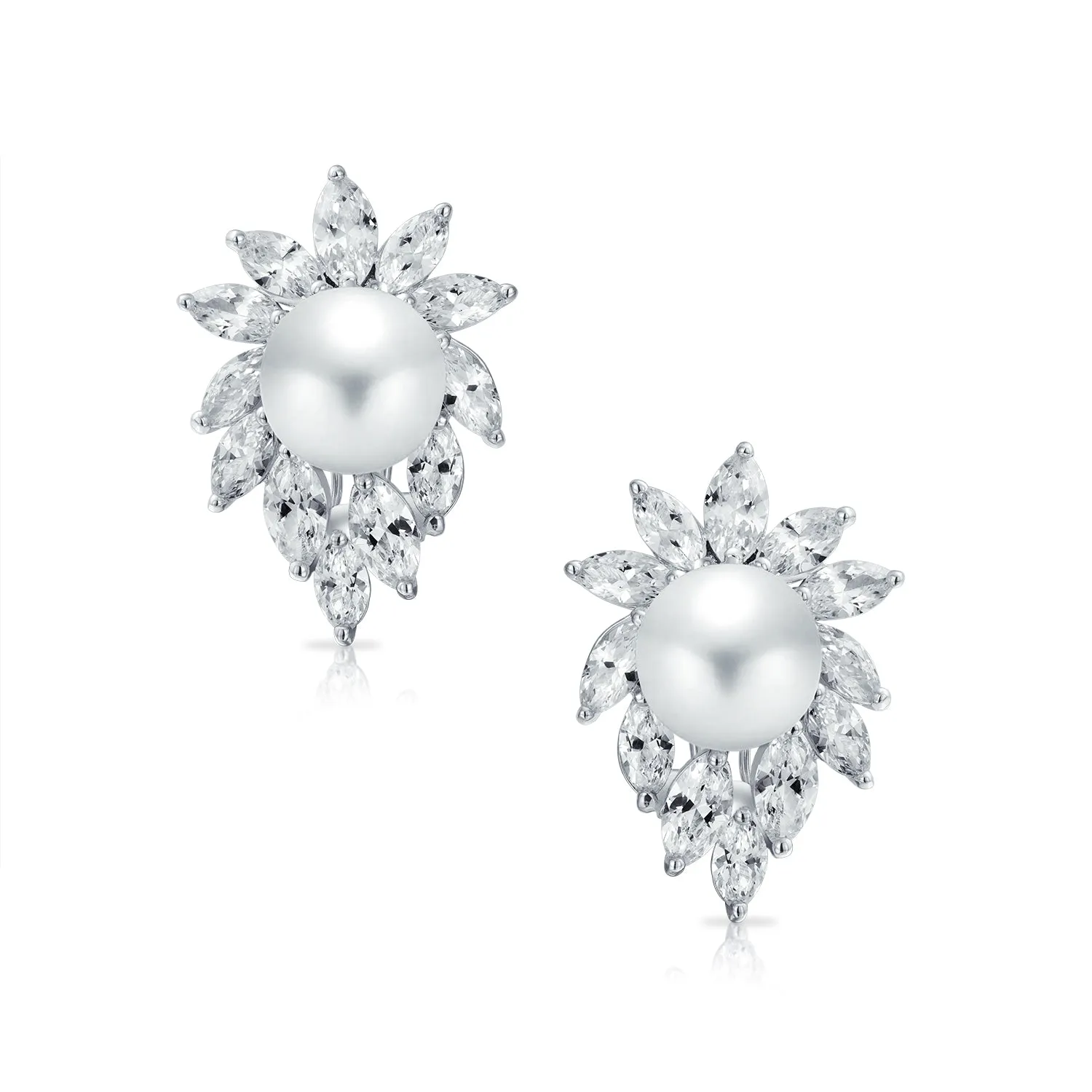 Classic Vintage Halo Leaf CZ Stud Earrings with Marquise Simulated Pearl Silver