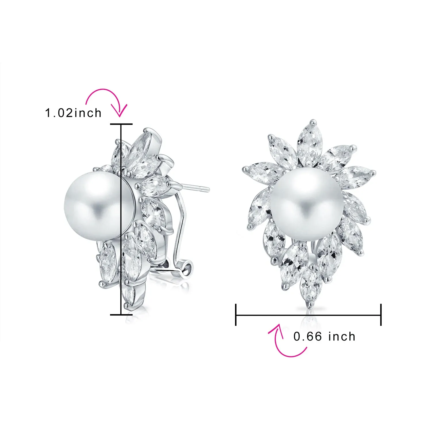 Classic Vintage Halo Leaf CZ Stud Earrings with Marquise Simulated Pearl Silver