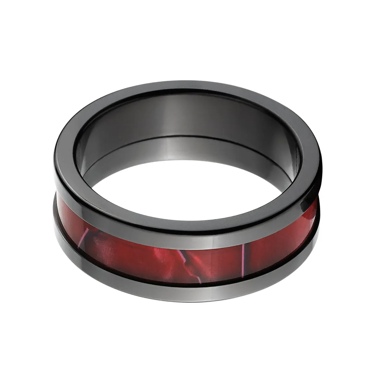 Crimson Inlay Black Zirconium Wedding Band - Men's Rings