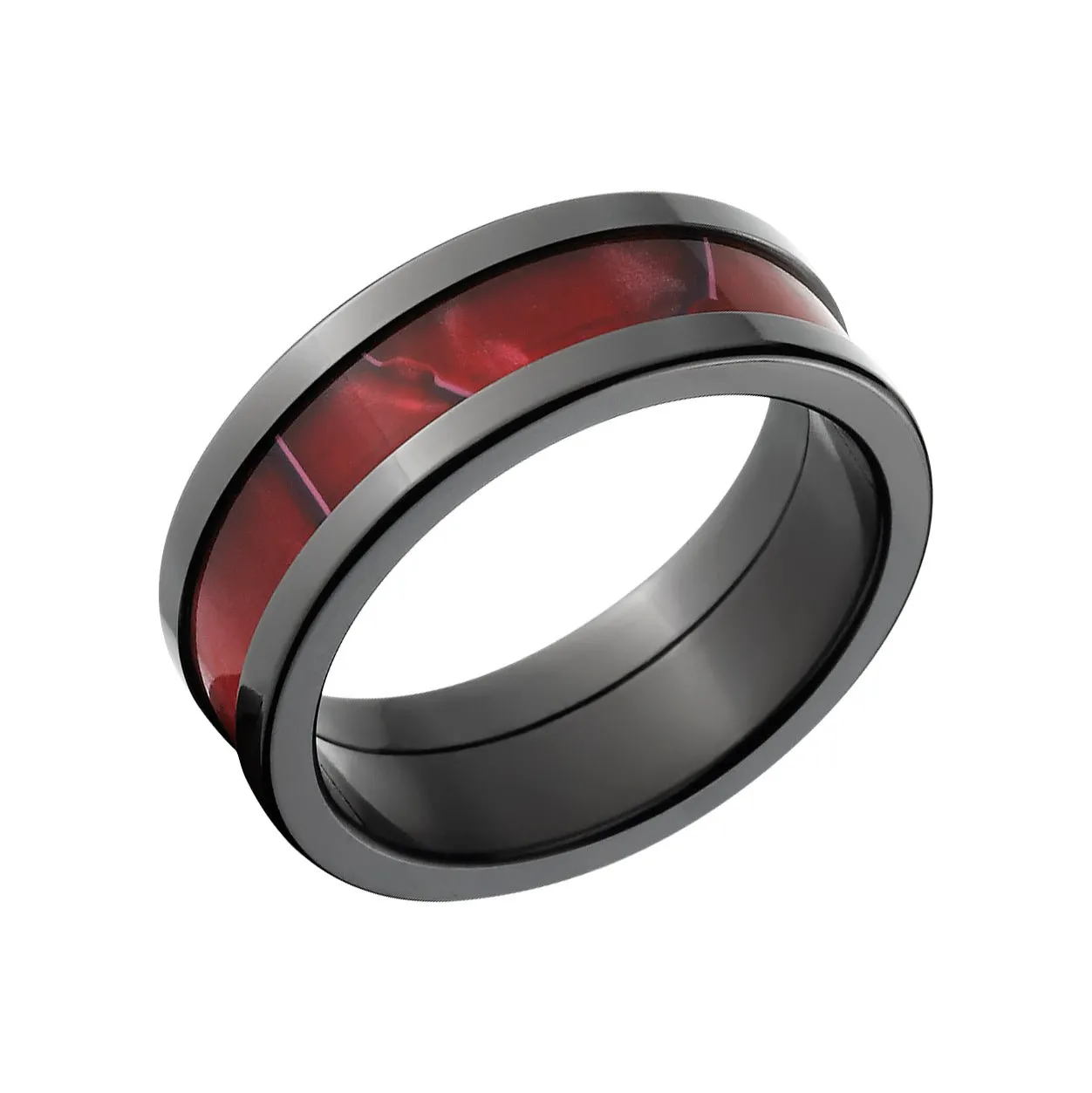 Crimson Inlay Black Zirconium Wedding Band - Men's Rings