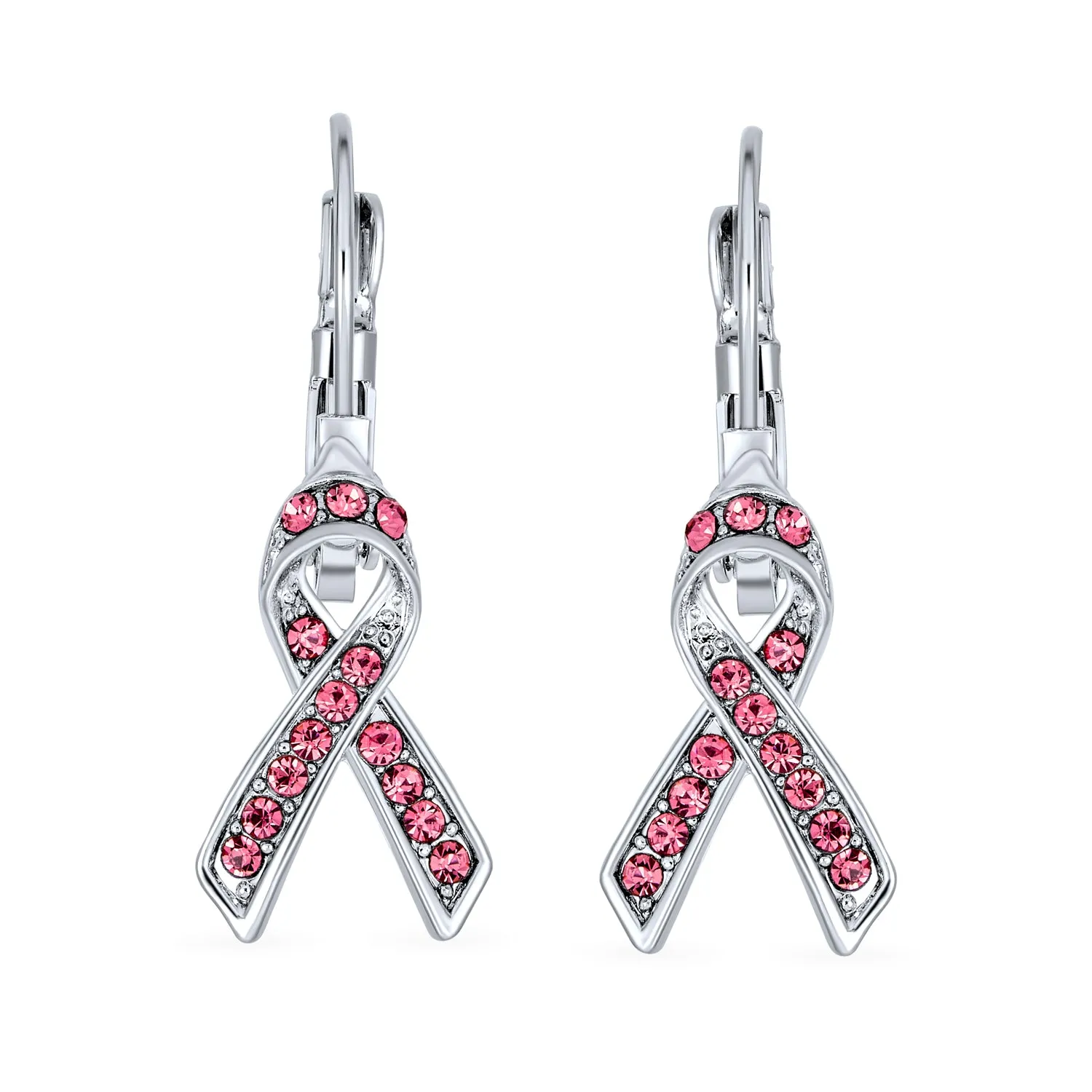 Crystal Pink Breast Cancer Awareness Support Earrings Silver Plated