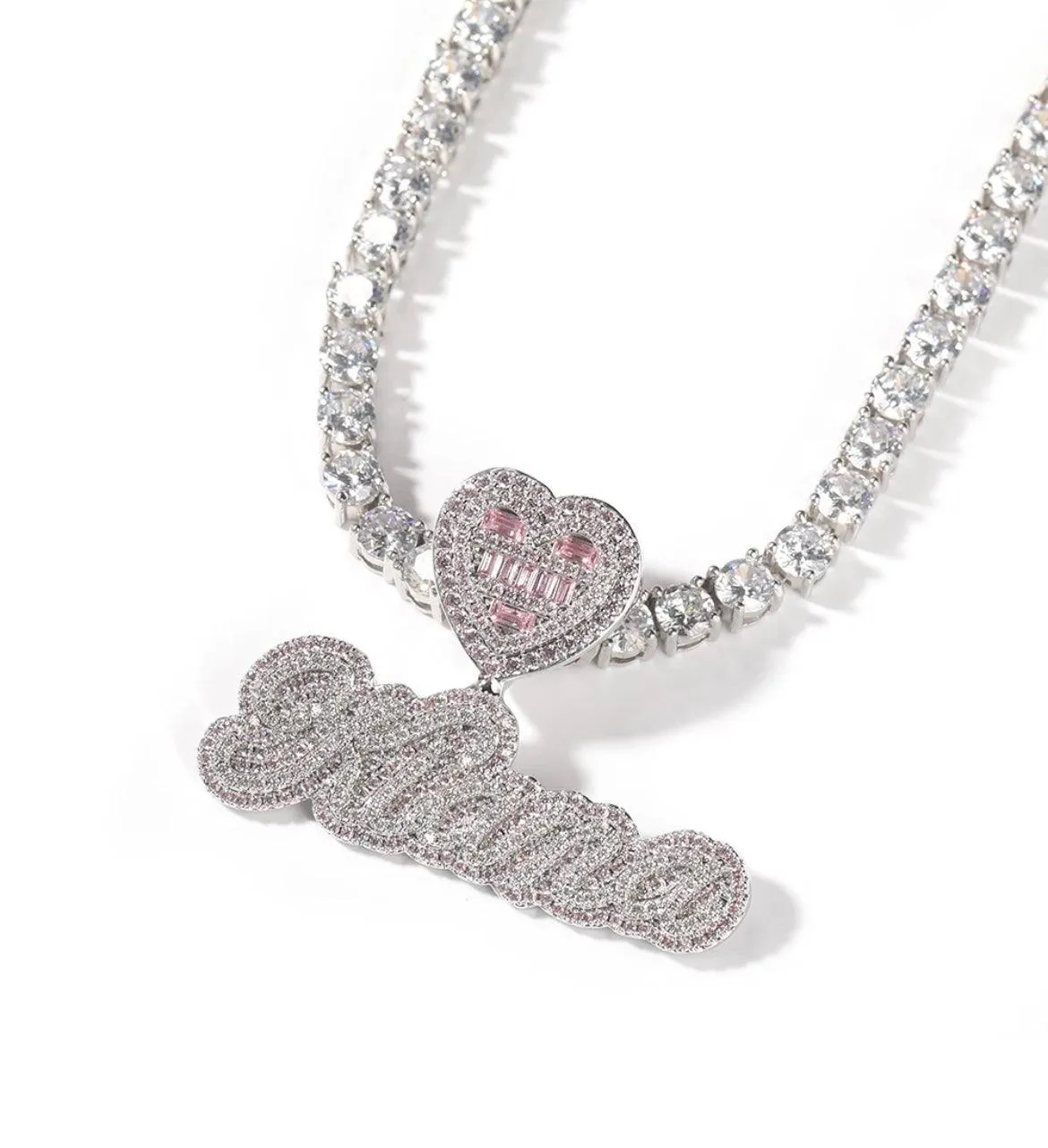 Custom Heart Two-Tone Script Name Plate Diamond Tennis Chain