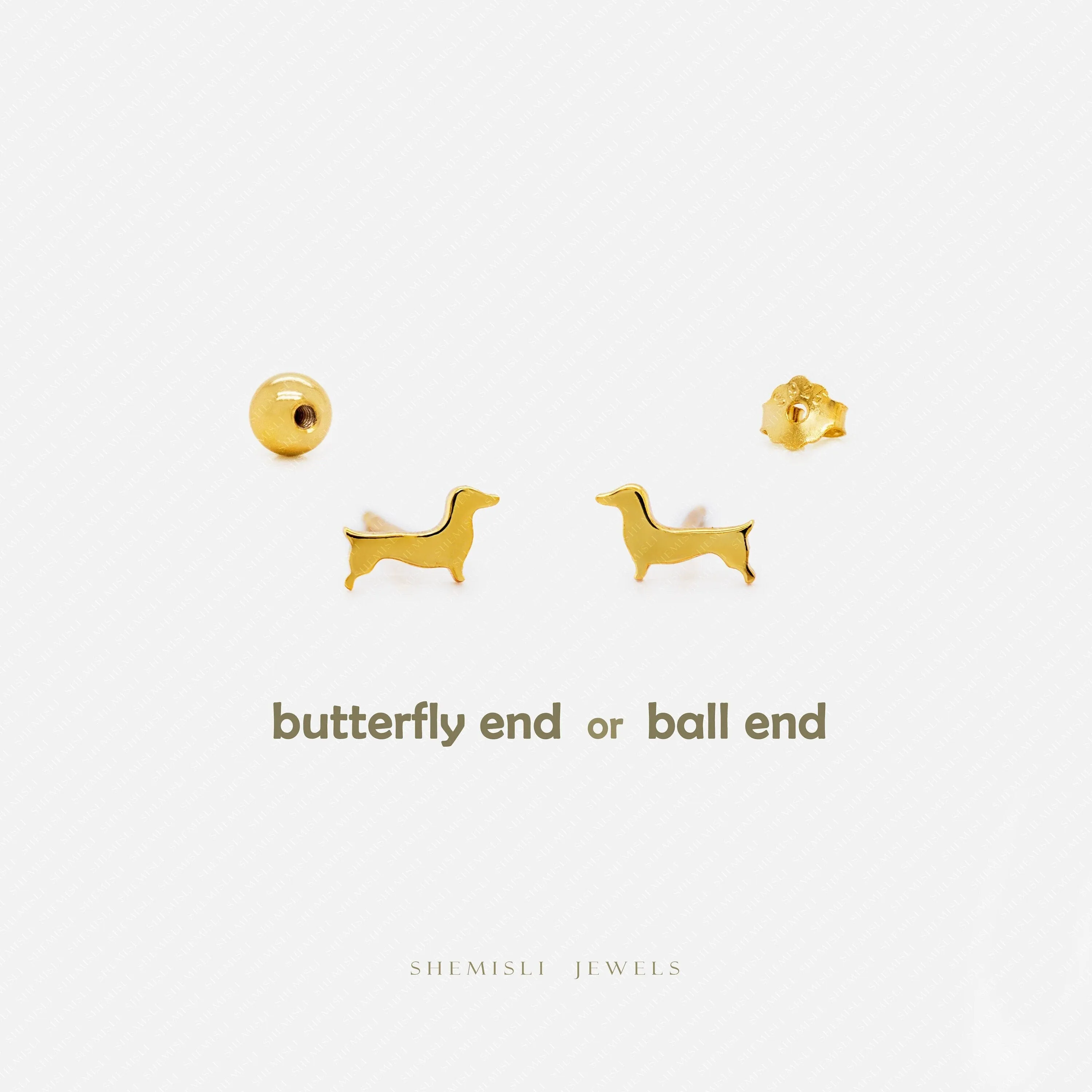 Dainty Sausage Dog Studs Earrings, Unisex, Gold, Silver SHEMISLI SS885 Butterfly End, SS886 Screw Ball End (Type A) LR