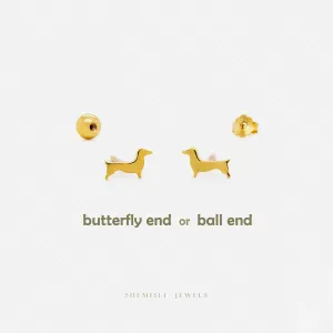 Dainty Sausage Dog Studs Earrings, Unisex, Gold, Silver SHEMISLI SS885 Butterfly End, SS886 Screw Ball End (Type A) LR