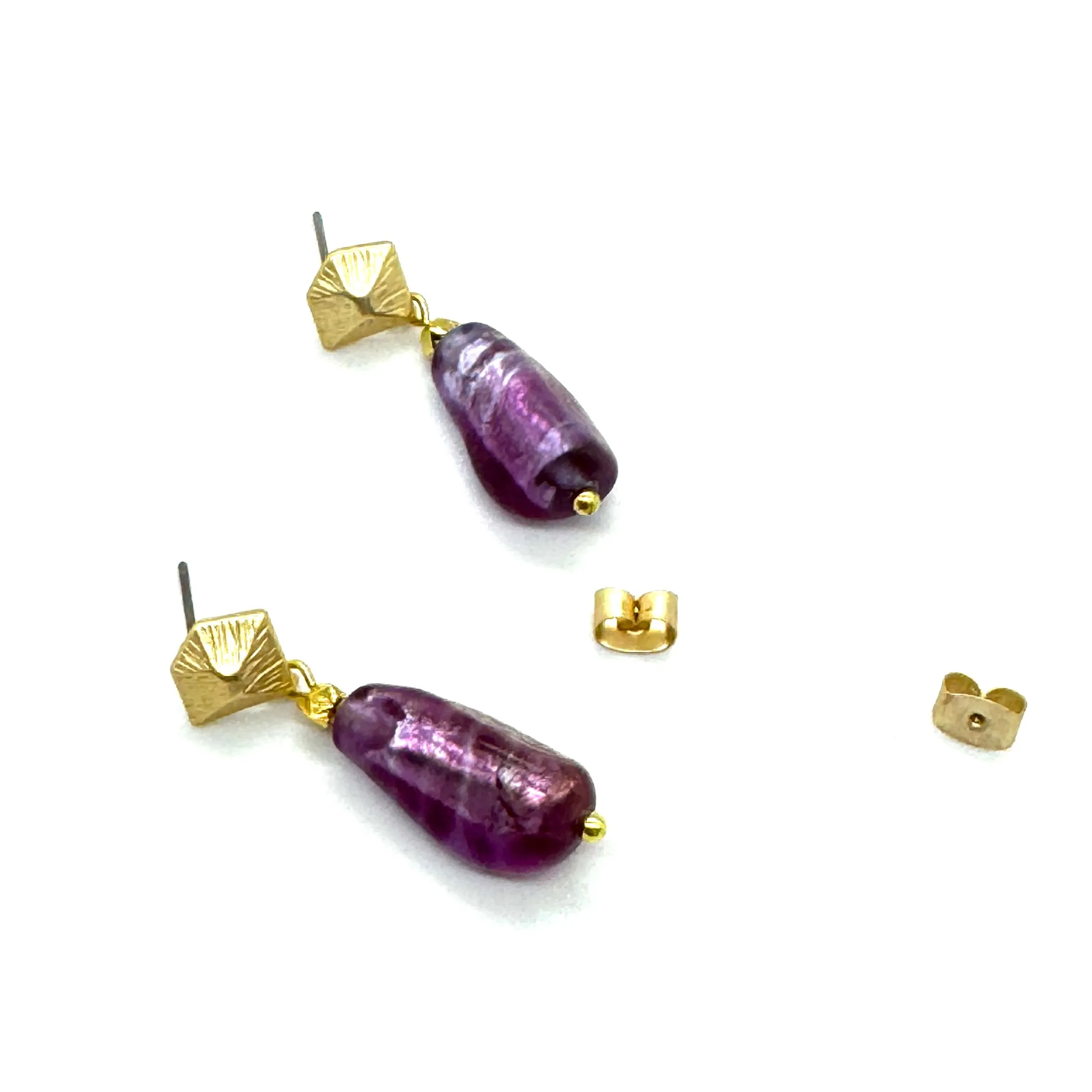 Deep Fuschia & Faceted Gold French Foil Glass Earrings