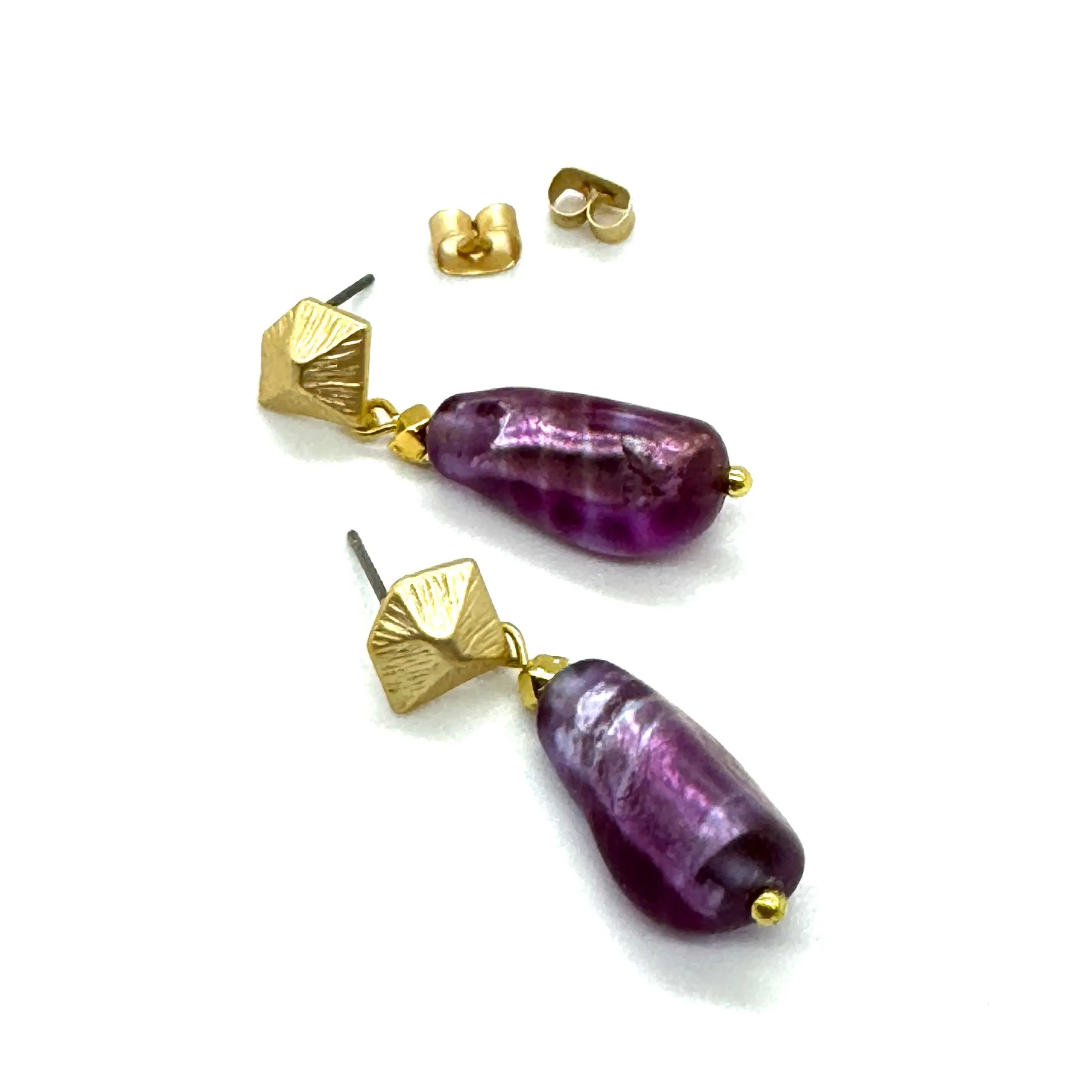 Deep Fuschia & Faceted Gold French Foil Glass Earrings