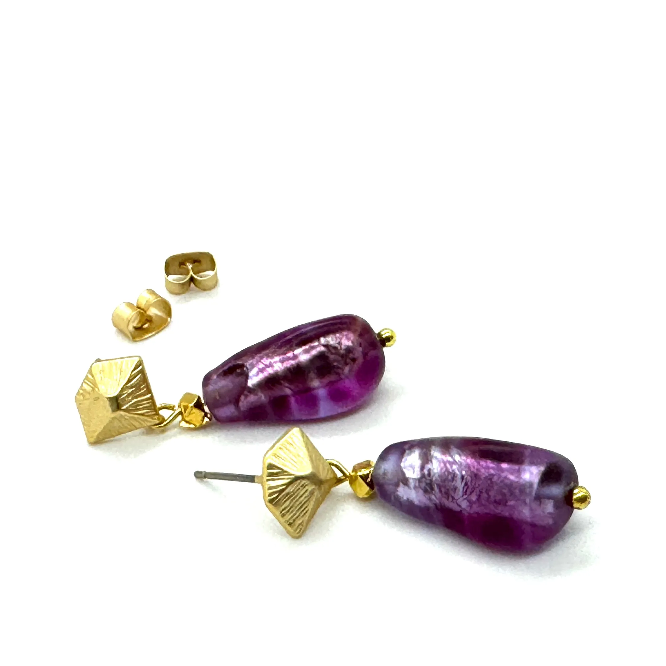 Deep Fuschia & Faceted Gold French Foil Glass Earrings