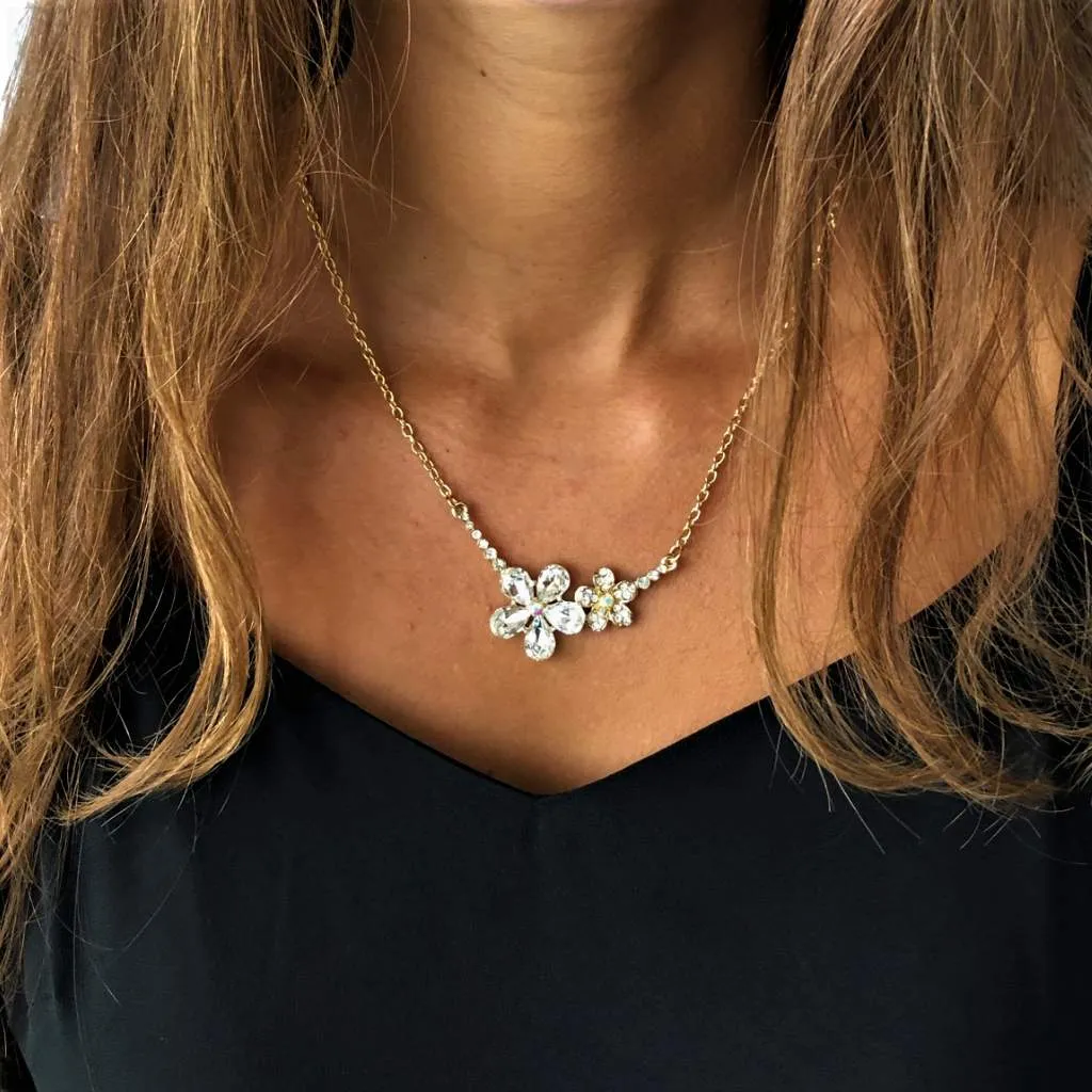 Double Gold Crystal Flower Link Necklace