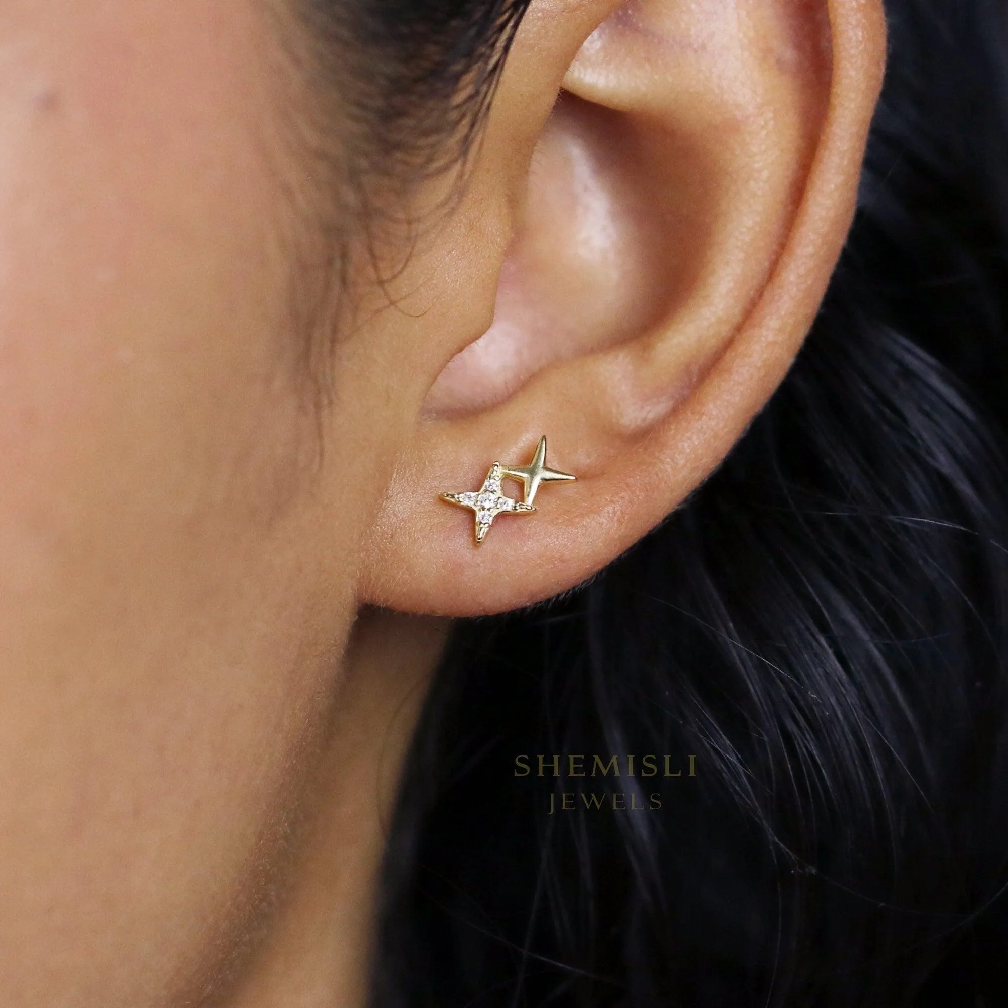 Double Star Studs Earrings, Starburst Pave CZ Studs, Tiny Celestial, Dainty Stacking Earrings, Gold, Silver SHEMISLI SS038