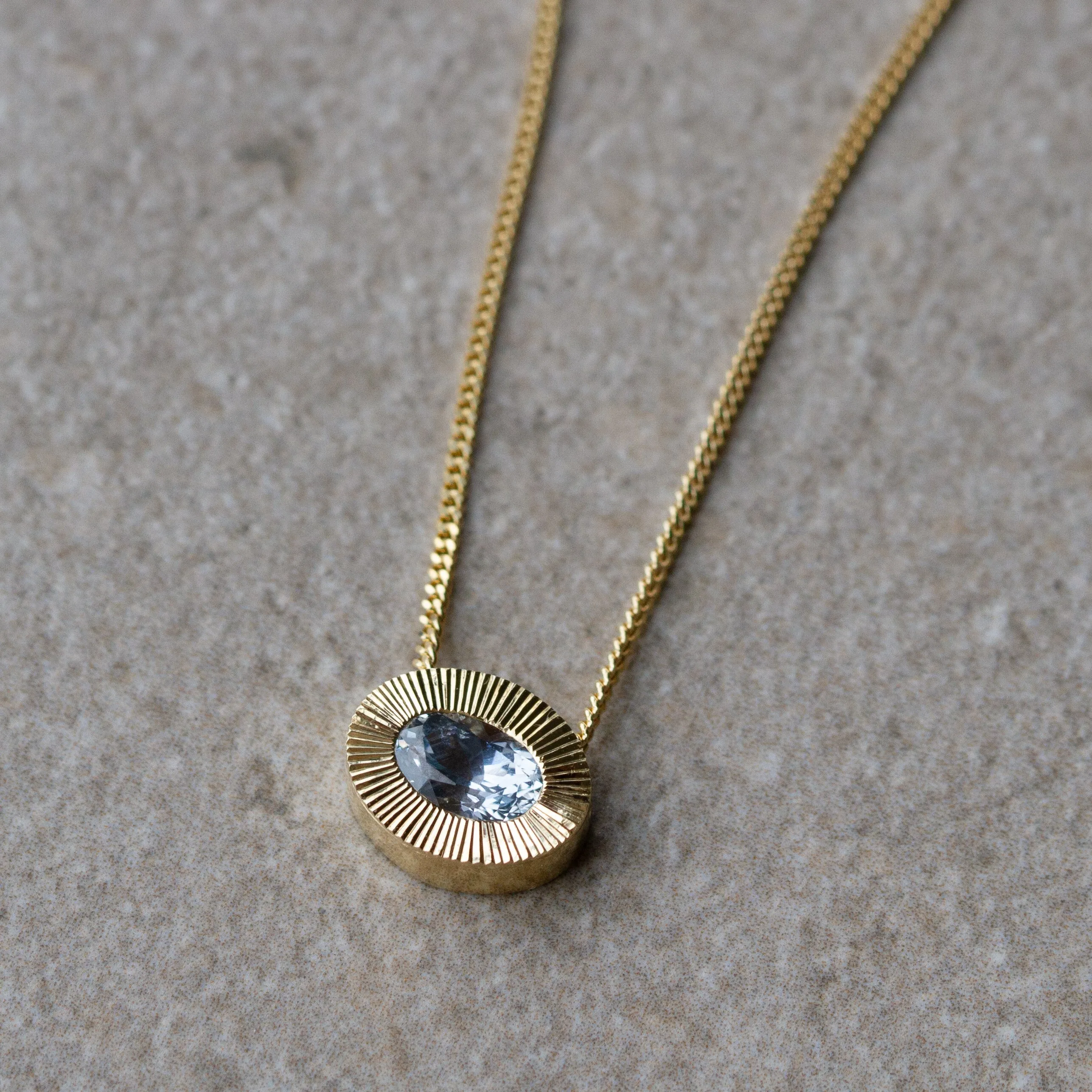 East-West Oval Aurora Necklace with Silver Montana Sapphire in Yellow Gold