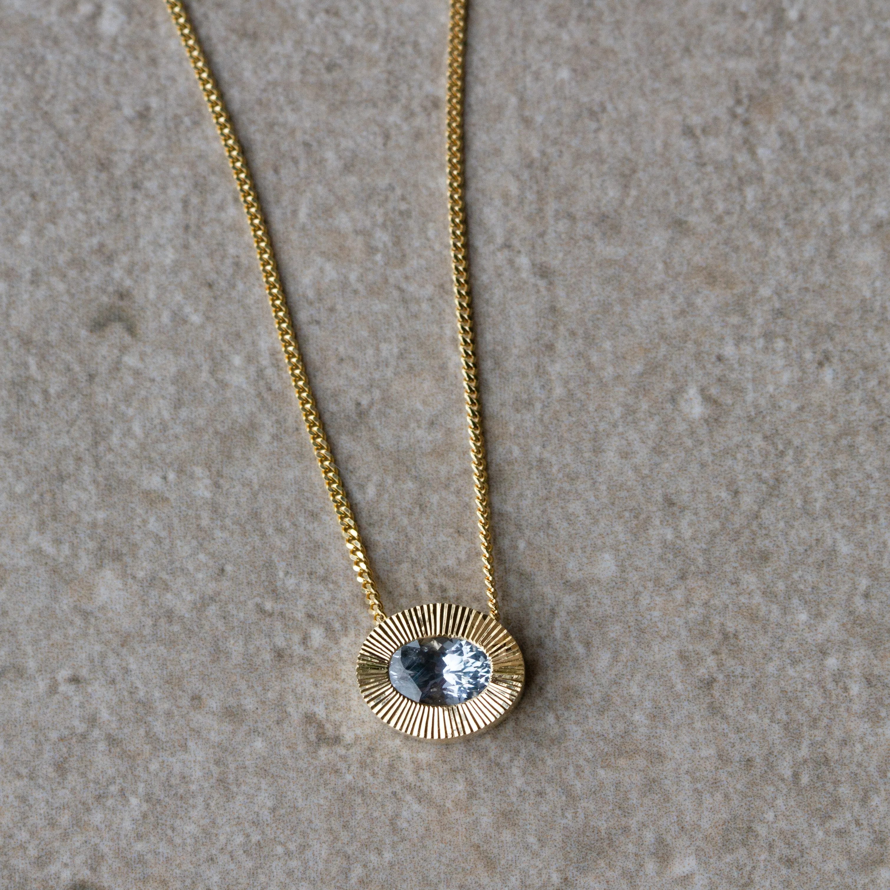 East-West Oval Aurora Necklace with Silver Montana Sapphire in Yellow Gold