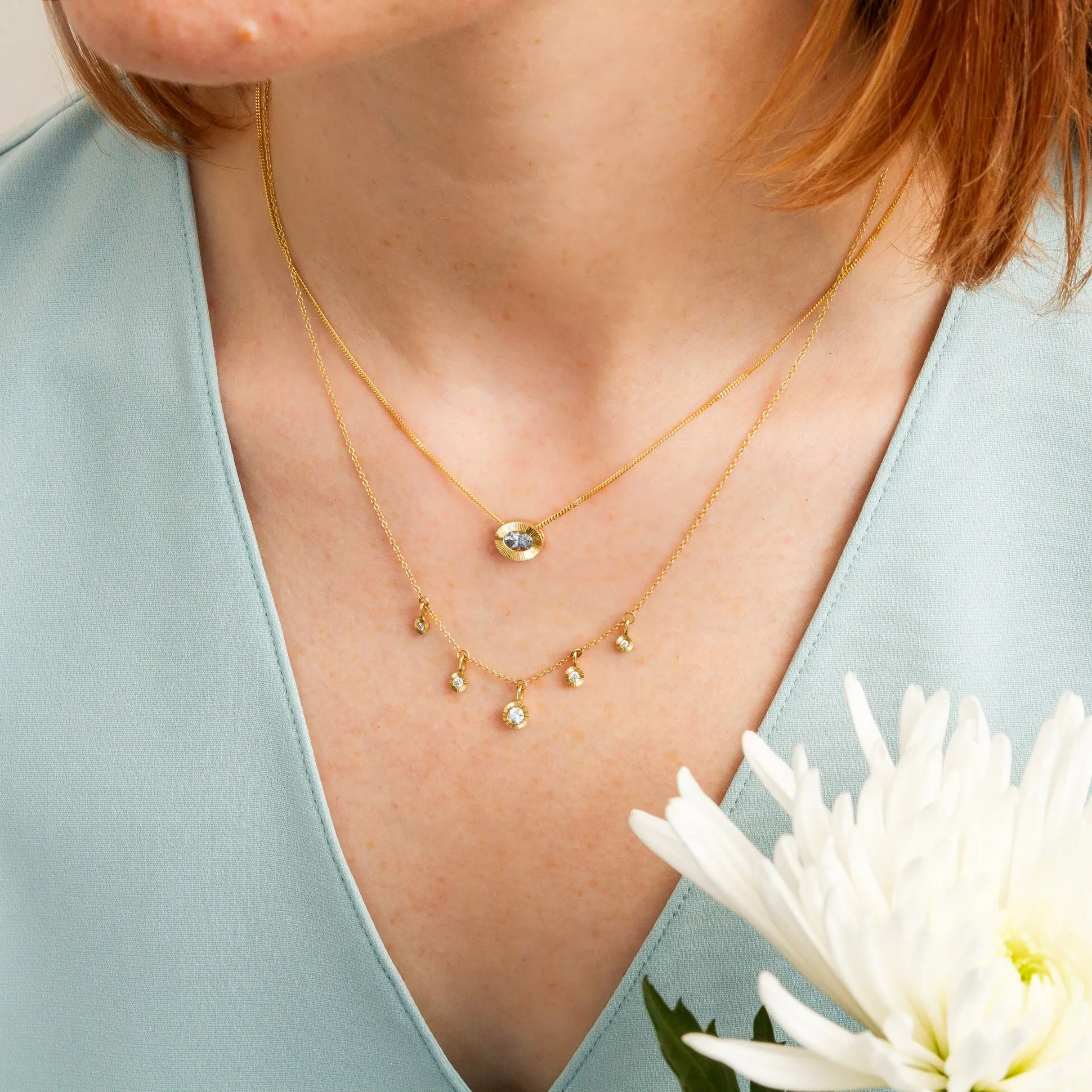 East-West Oval Aurora Necklace with Silver Montana Sapphire in Yellow Gold