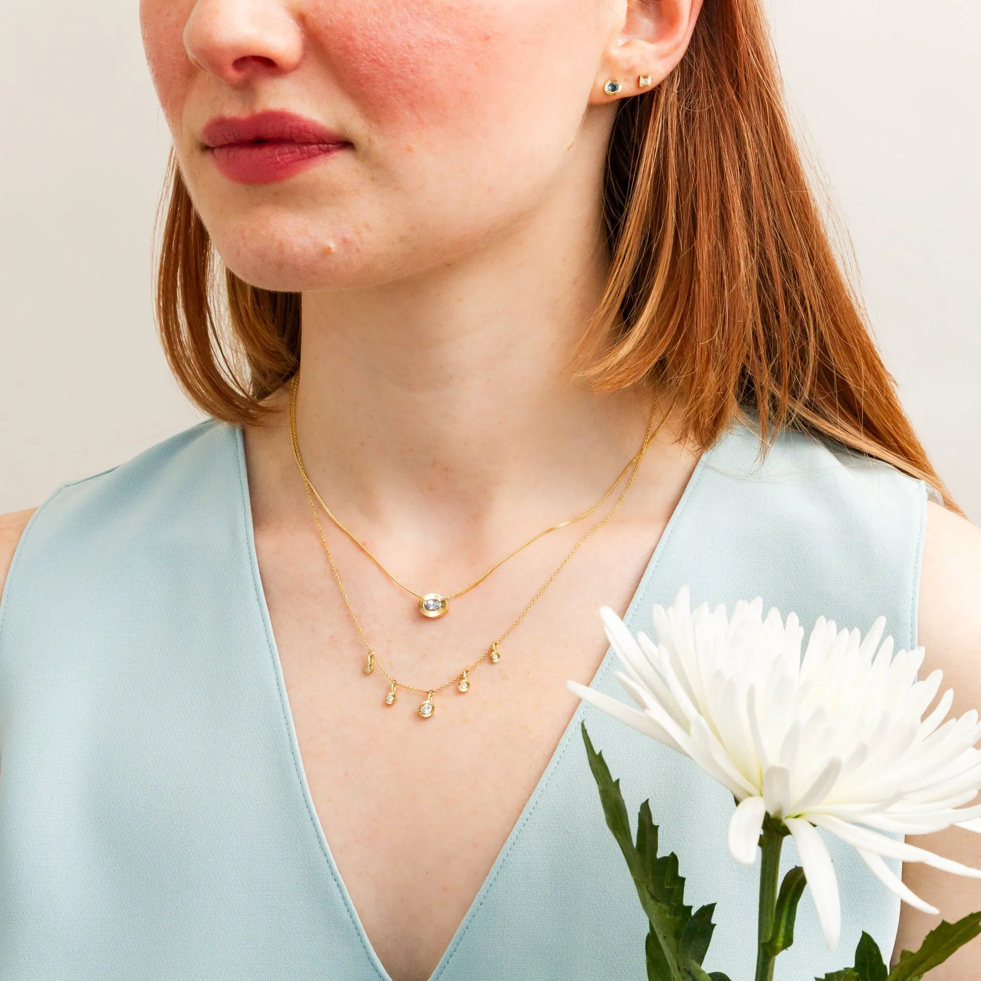 East-West Oval Aurora Necklace with Silver Montana Sapphire in Yellow Gold