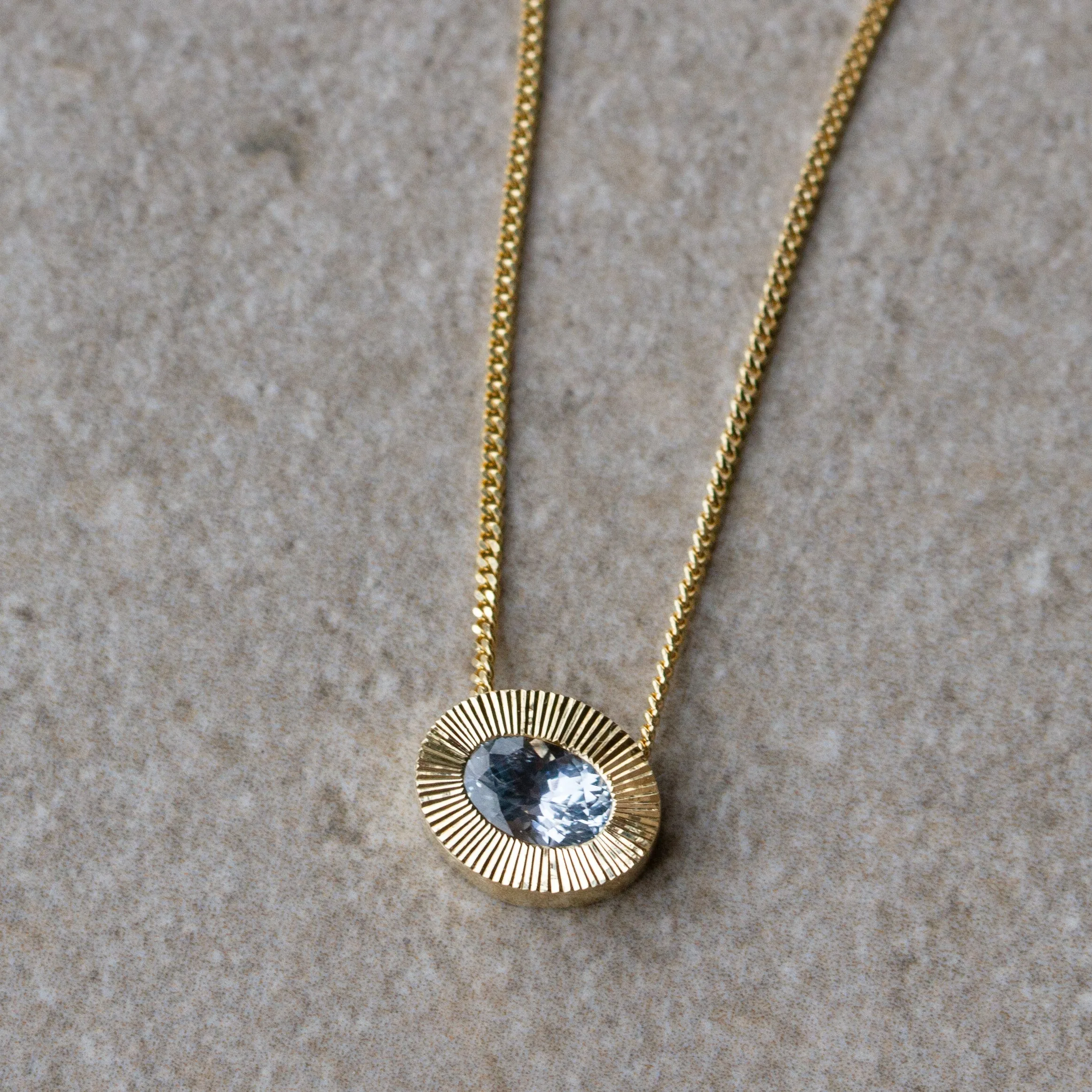 East-West Oval Aurora Necklace with Silver Montana Sapphire in Yellow Gold