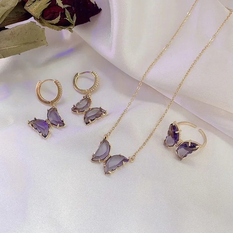 Elegant Butterfly Necklace Earrings Ring Set