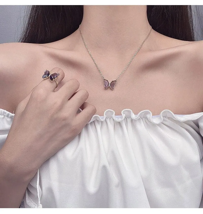 Elegant Butterfly Necklace Earrings Ring Set