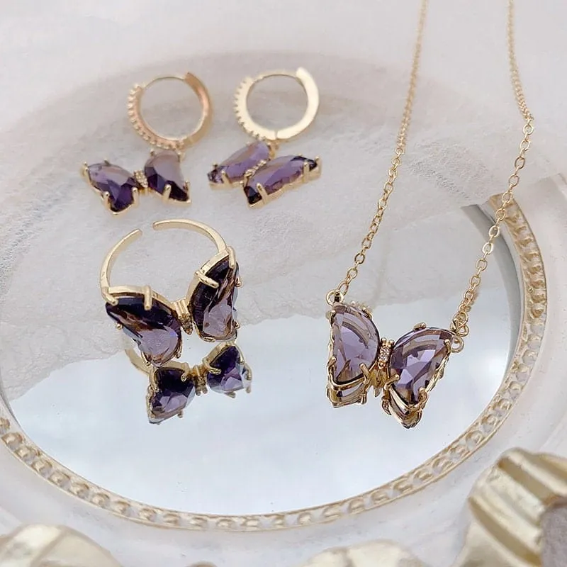 Elegant Butterfly Necklace Earrings Ring Set