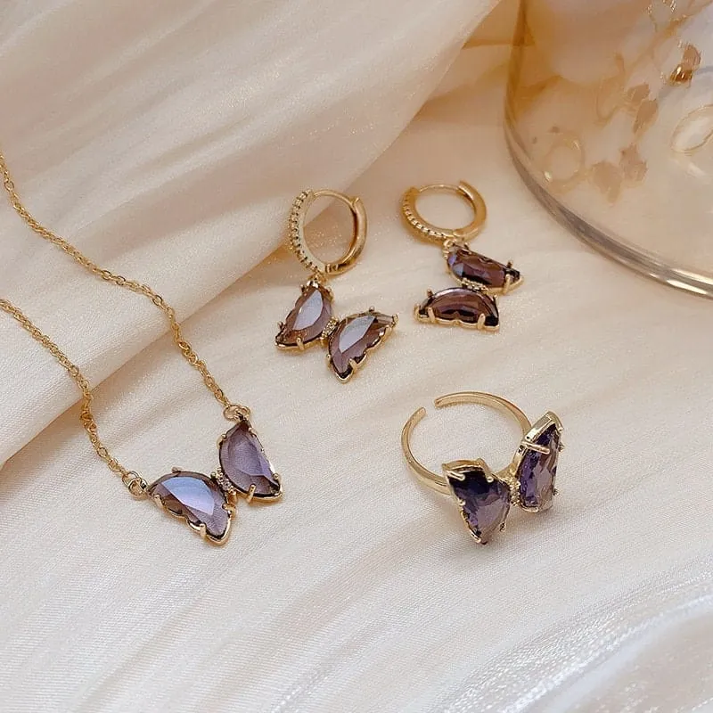 Elegant Butterfly Necklace Earrings Ring Set