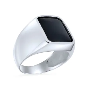 Elegant Mens Silver Ring with Black Onyx Gemstone Geometric Rectangle Signet Sterling Silver