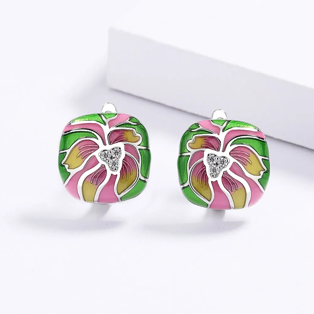 Ethnic Style Lotus Flower Enamel Hoop Earrings for Women in 925 Sterling Silver