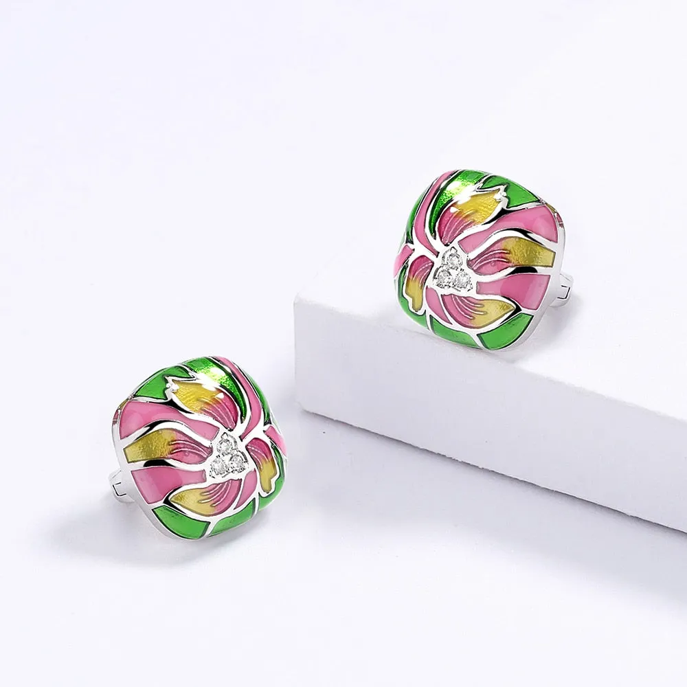 Ethnic Style Lotus Flower Enamel Hoop Earrings for Women in 925 Sterling Silver