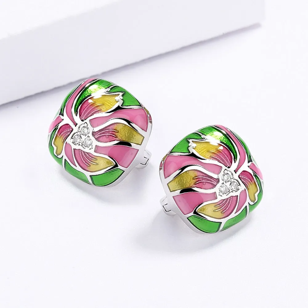 Ethnic Style Lotus Flower Enamel Hoop Earrings for Women in 925 Sterling Silver