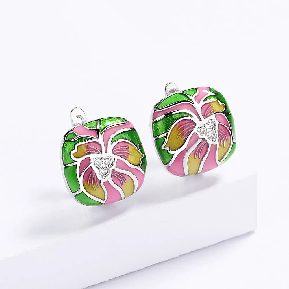 Ethnic Style Lotus Flower Enamel Hoop Earrings for Women in 925 Sterling Silver