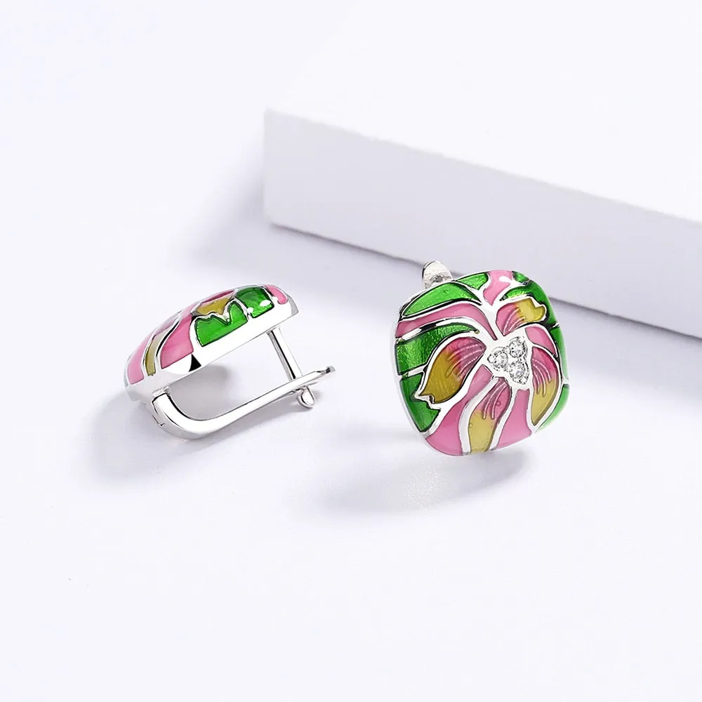 Ethnic Style Lotus Flower Enamel Hoop Earrings for Women in 925 Sterling Silver