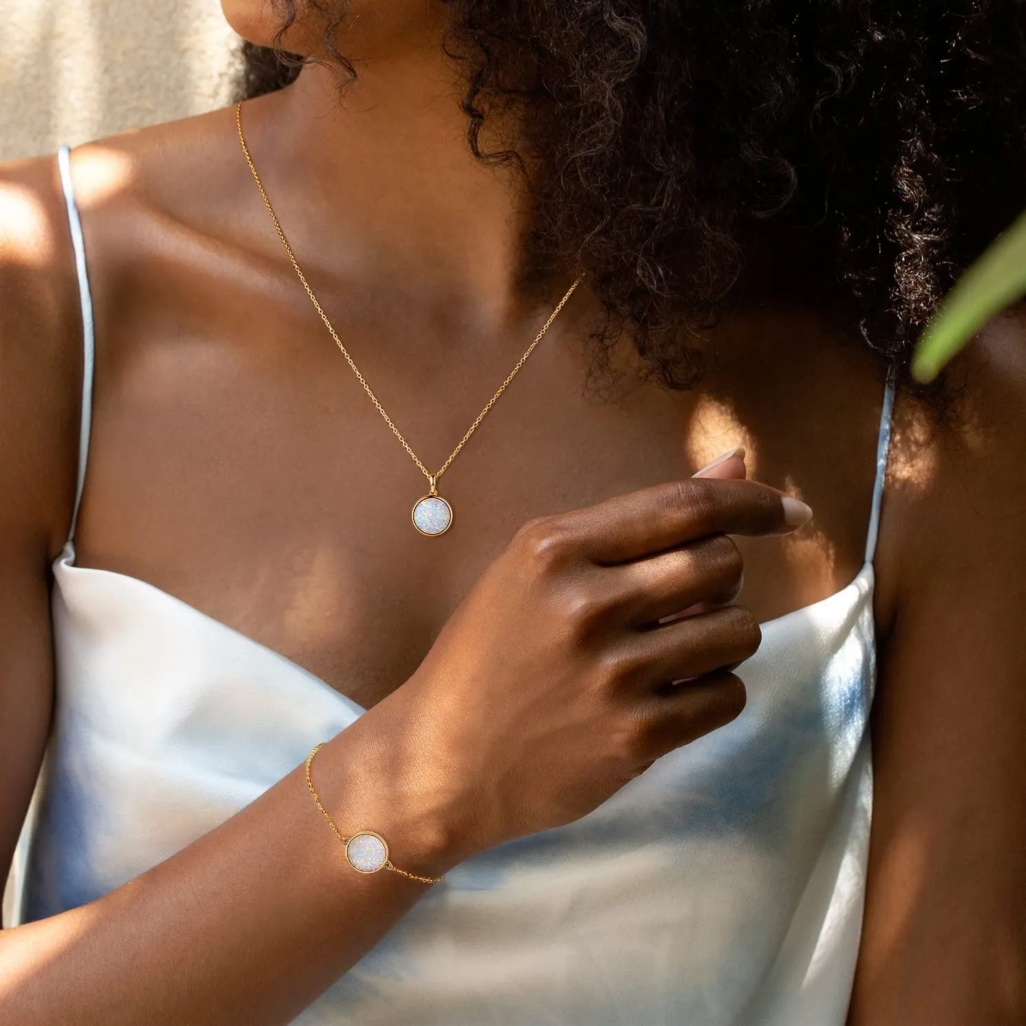 FANCIME Created White Opal Round14K Real Yellow Gold Necklace