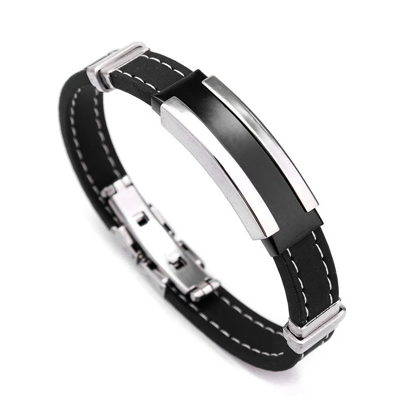 Fashion Trendy Male Men's Bracelet Cuff Wristband Cuff bangle Silver Stainless Steel Black Rubber Belt