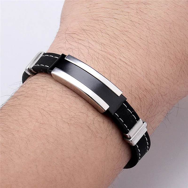 Fashion Trendy Male Men's Bracelet Cuff Wristband Cuff bangle Silver Stainless Steel Black Rubber Belt