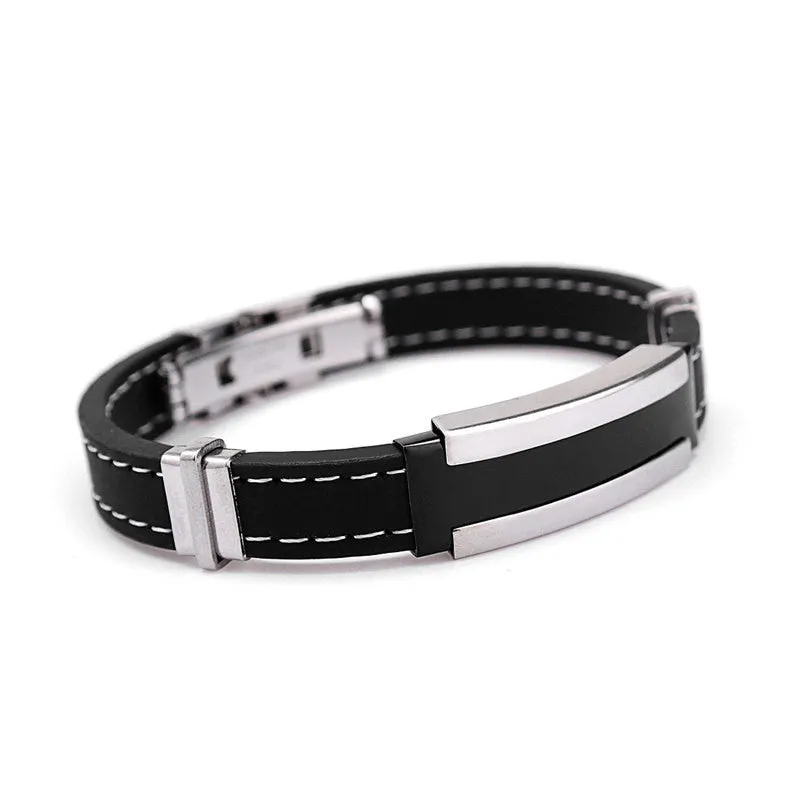 Fashion Trendy Male Men's Bracelet Cuff Wristband Cuff bangle Silver Stainless Steel Black Rubber Belt