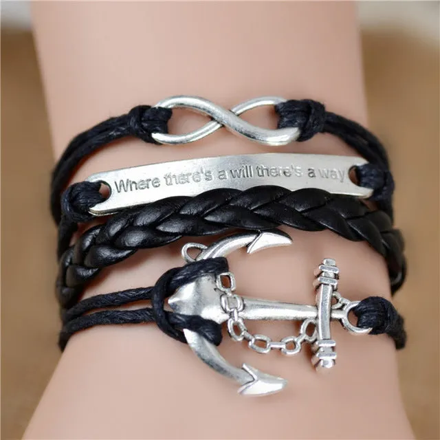 Fashion Vintage Infinity Anchor Hook Artificial Leather Bracelet Men Women Steering-Wheel Bracelets & Bangles Jewelry 2pcs/lot