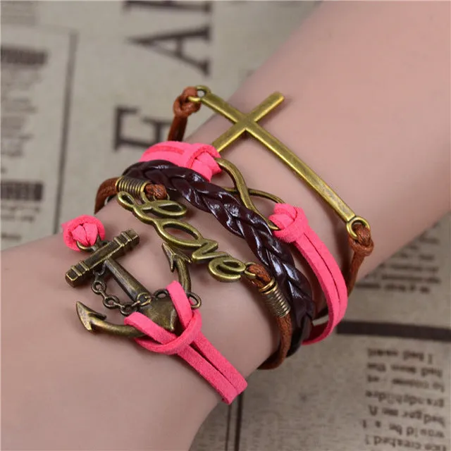 Fashion Vintage Infinity Anchor Hook Artificial Leather Bracelet Men Women Steering-Wheel Bracelets & Bangles Jewelry 2pcs/lot