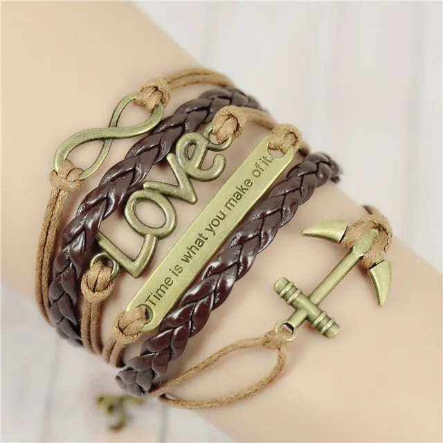 Fashion Vintage Infinity Anchor Hook Artificial Leather Bracelet Men Women Steering-Wheel Bracelets & Bangles Jewelry 2pcs/lot