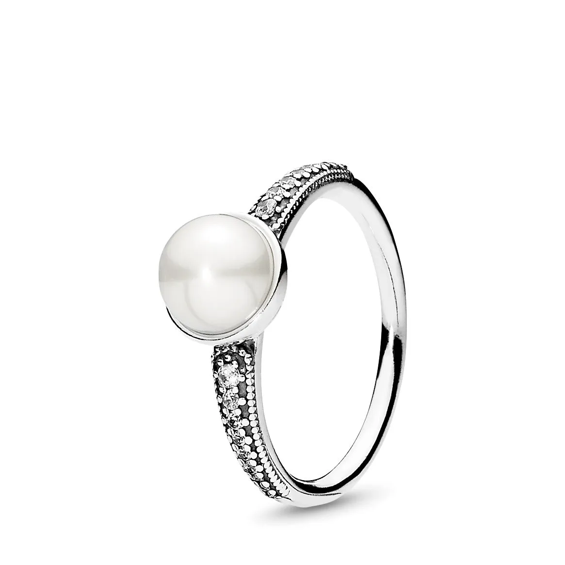 Freshwater cultured pearl silver ring with clear cubic zirconia, 7 mm