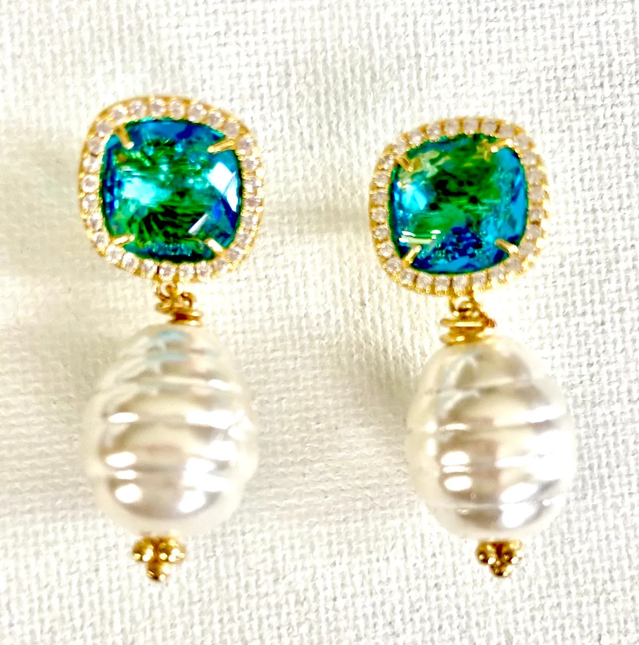 Freshwater Pearls and Blue Cat’s Eye Pave Gold Stud/Dangles