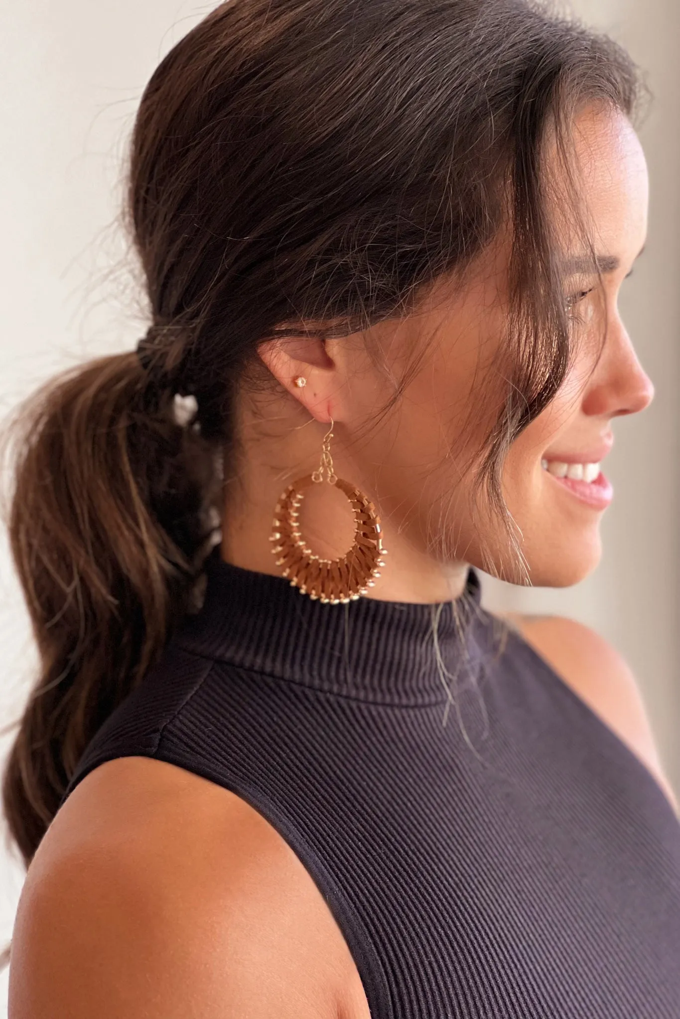 Gold And Brown Dangle Hoop Earrings