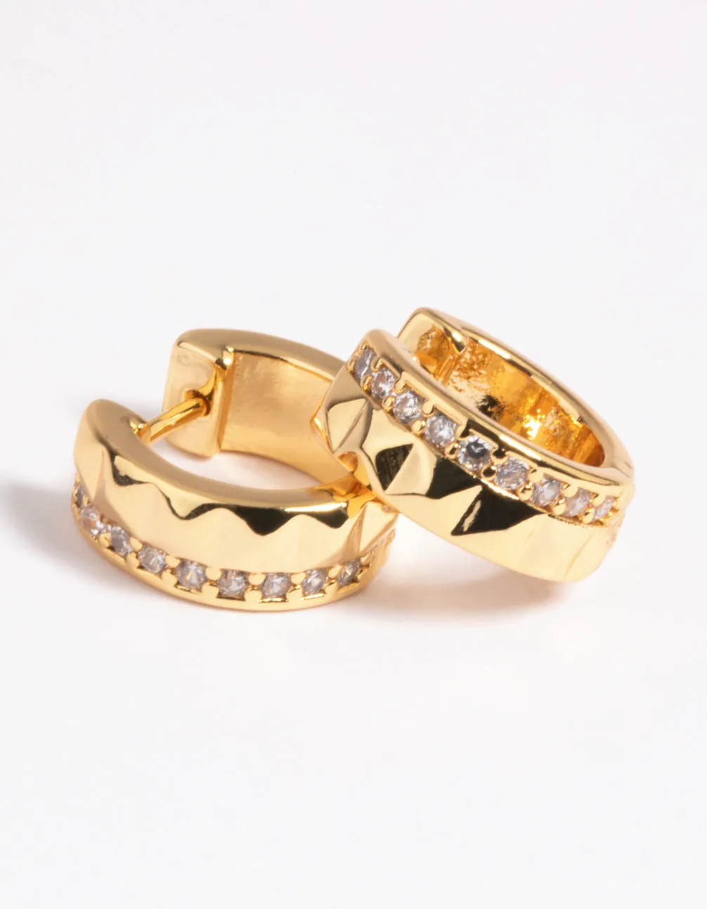 Gold Plated Cubic Zirconia Textured Huggie Hoop Earrings