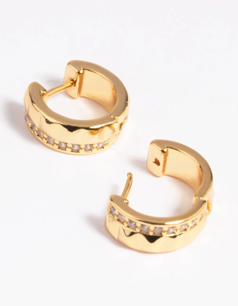 Gold Plated Cubic Zirconia Textured Huggie Hoop Earrings