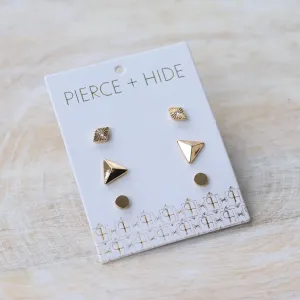 Gold Pyramid Stud Trio Earrings