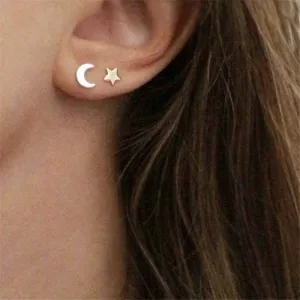 Gold Silver Star and Moon Earrings, Second Hole Earrings, Unisex Stud Earrings, Gold Studs, Crescent Moon Stud Earrings Minimalist Dainty