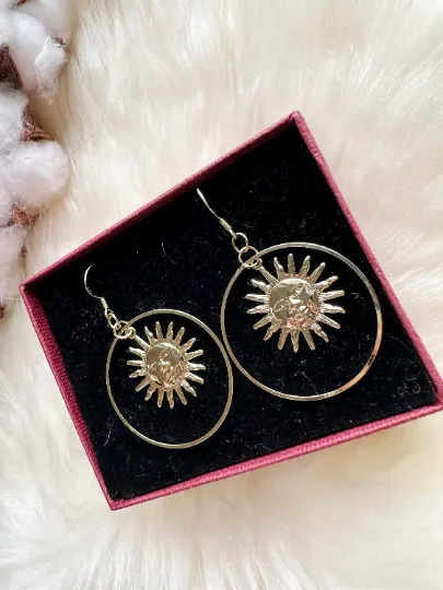 Gold sun hoop earrings | Gold dangle earrings | Statement earrings | Glitter gold drop earrings |