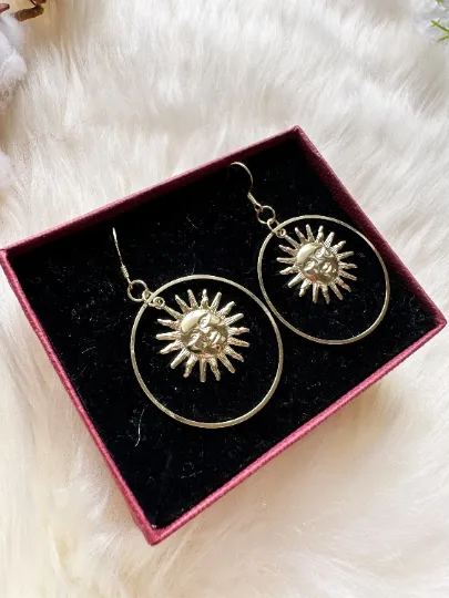 Gold sun hoop earrings | Gold dangle earrings | Statement earrings | Glitter gold drop earrings |