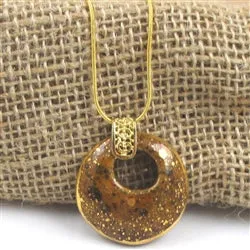 Golden Brown and Gold Kazuri Pendant on Gold Chain