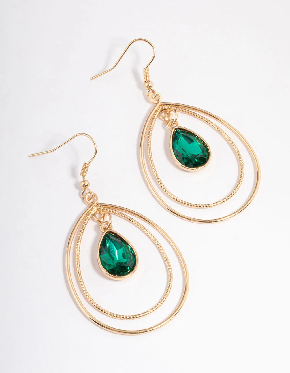 Green Open Pear Diamante Drop Earrings