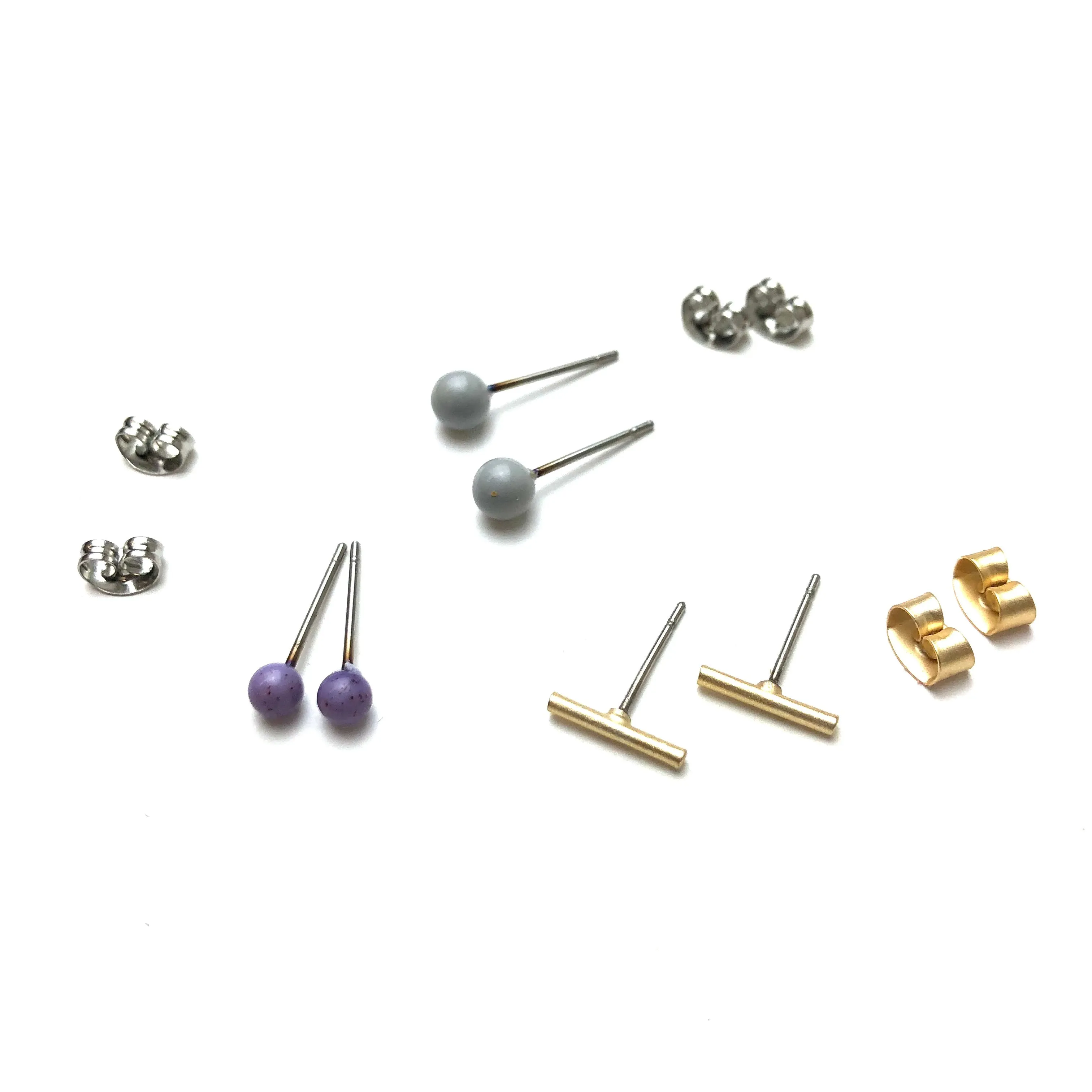 Grey Gold Bars & Lavender Tiny Geo Stud Earrings Set